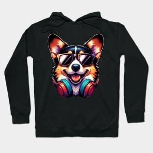 Pembroke Welsh Corgi as Smiling DJ with Headphones and Sunglasses Hoodie